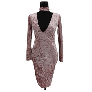Crushed Velvet Midi Dress Deep V Choker Neck Bodycon Powder Pink Clubbing Size M